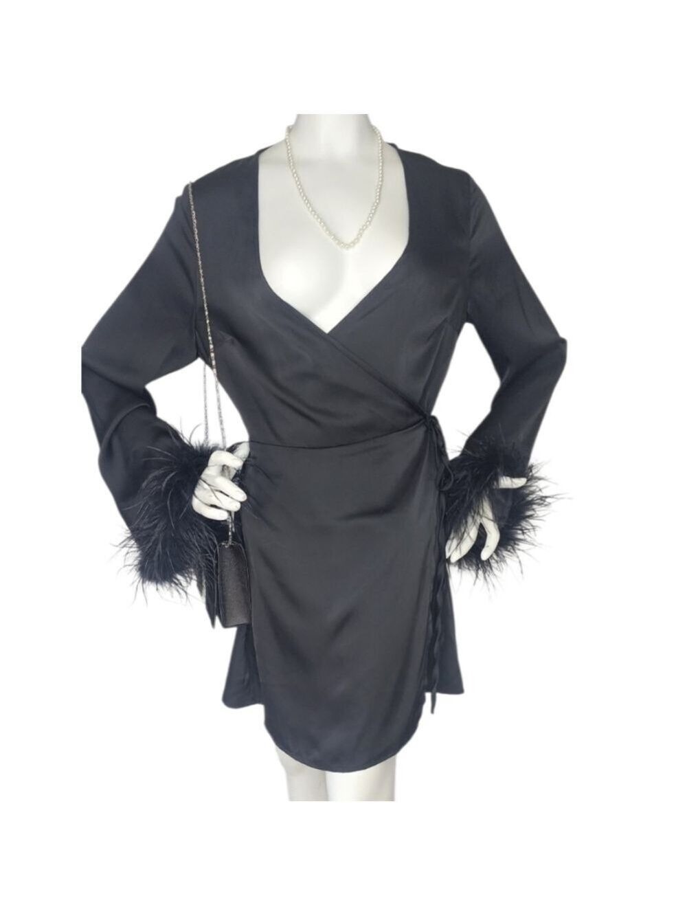 Black Satin Feather Wrap Mini Dress Glamorous Medium | Night Out Luxe NWT